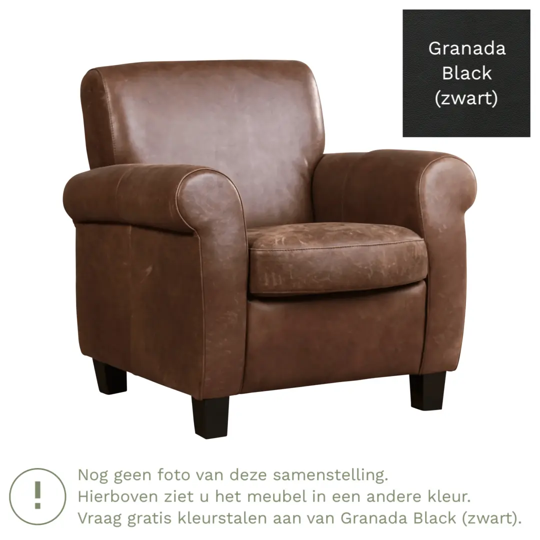 afbeelding van Leren fauteuil Perfection - Granada Black (zwart) - Poten hout bruin