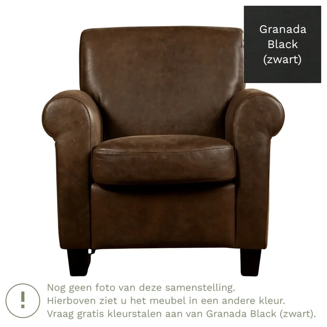 afbeelding van Leren fauteuil Perfection - Granada Black (zwart) - Poten hout bruin