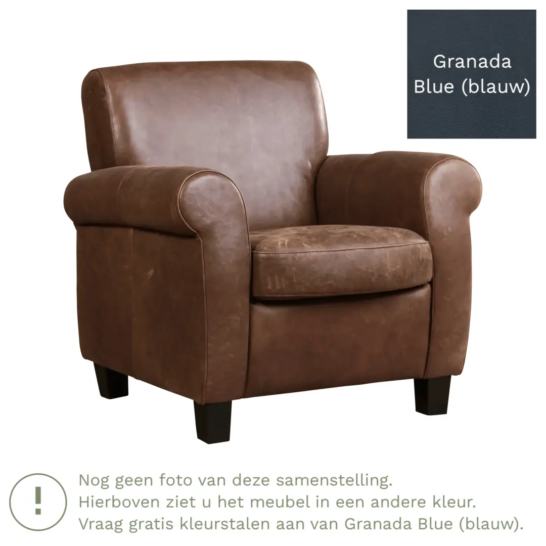 afbeelding van Leren fauteuil Perfection - Granada Blue (blauw) - Poten hout bruin