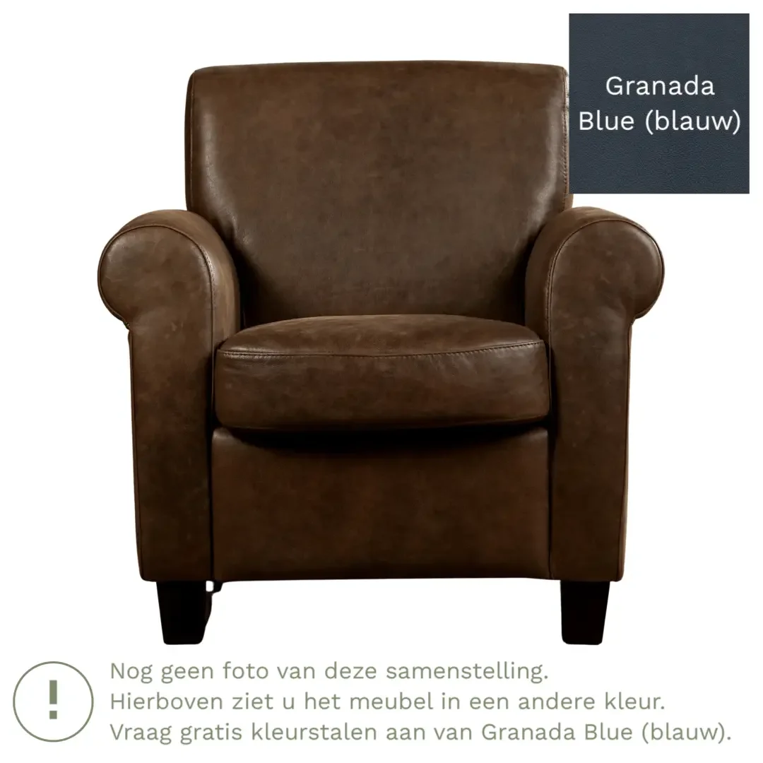 afbeelding van Leren fauteuil Perfection - Granada Blue (blauw) - Poten hout bruin