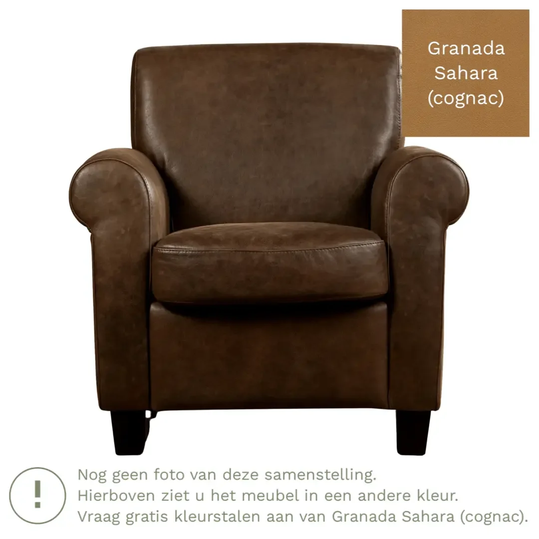 afbeelding van Leren fauteuil Perfection - Granada Sahara (cognac) - Poten hout zwart