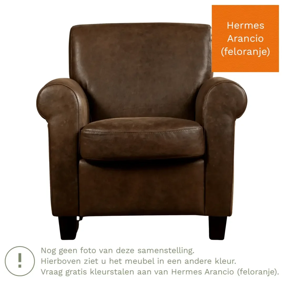 afbeelding van Leren fauteuil Perfection - Hermes Arancio (feloranje) - Poten hout bruin