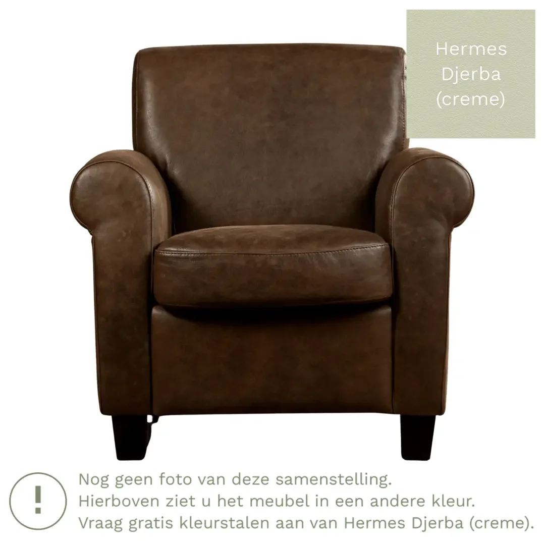afbeelding van Leren fauteuil Perfection - Hermes Djerba (crème) - Poten hout zwart