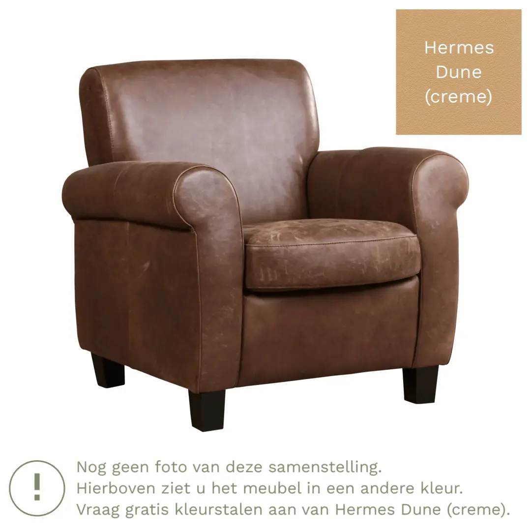 afbeelding van Leren fauteuil Perfection - Hermes Dune (crème) - Poten hout bruin