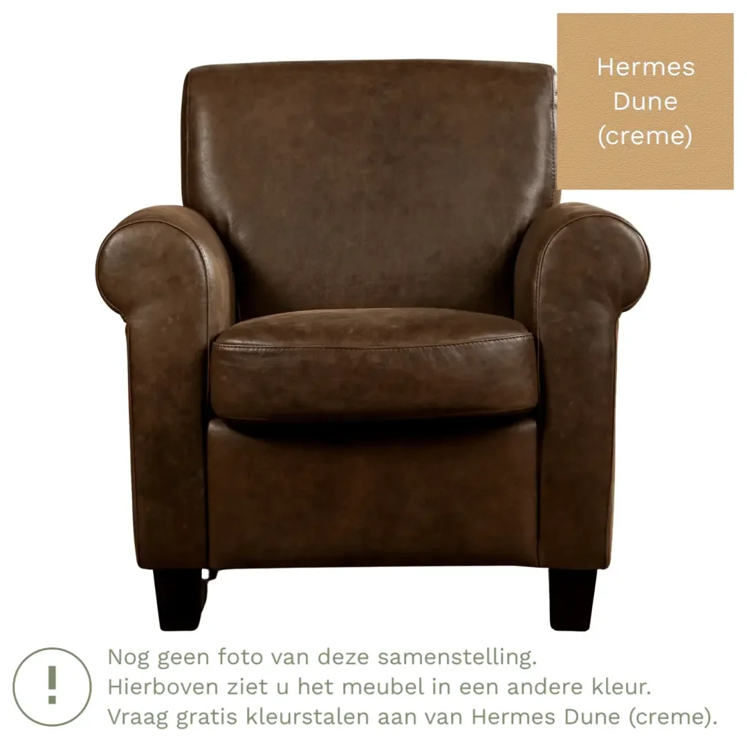 afbeelding van Leren fauteuil Perfection - Hermes Dune (crème) - Poten hout bruin