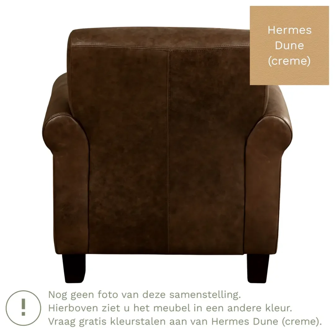 afbeelding van Leren fauteuil Perfection - Hermes Dune (crème) - Poten hout bruin