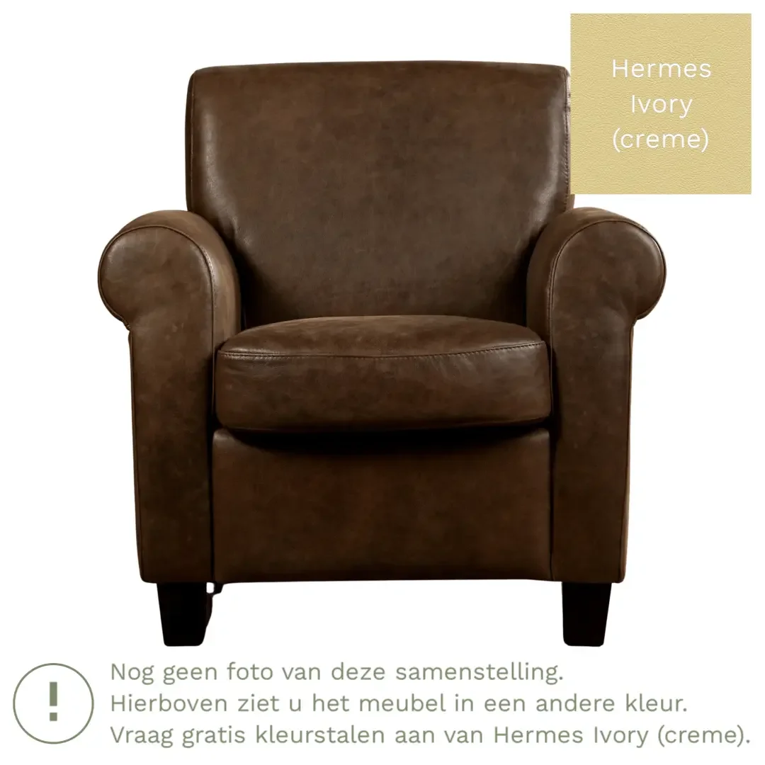 afbeelding van Leren fauteuil Perfection - Hermes Ivory (crème) - Poten hout bruin