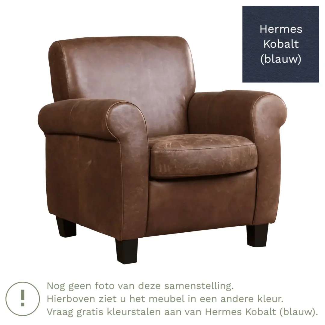 afbeelding van Leren fauteuil Perfection - Hermes Kobalt (blauw) - Poten hout bruin