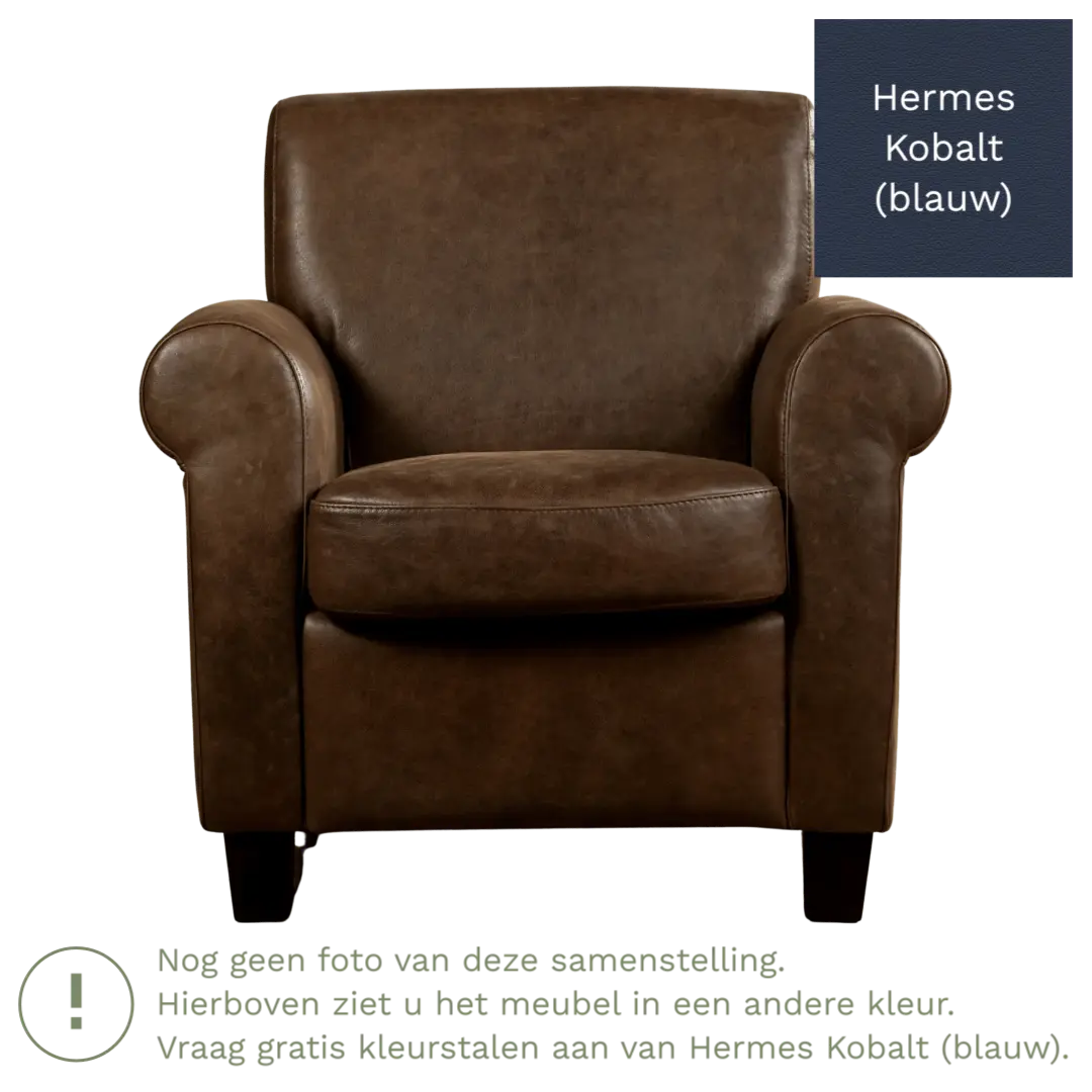 afbeelding van Leren fauteuil Perfection - Hermes Kobalt (blauw) - Poten hout bruin