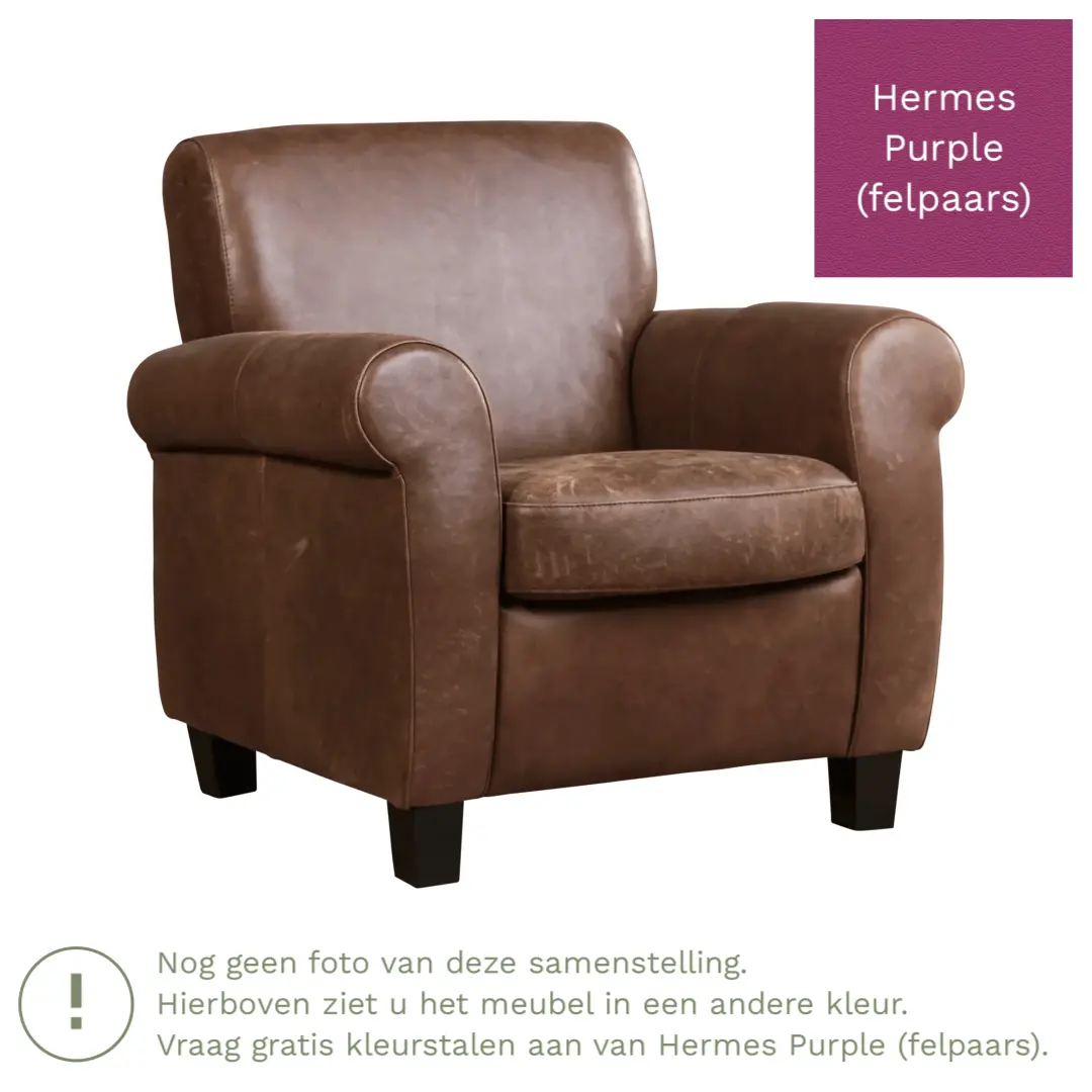 afbeelding van Leren fauteuil Perfection - Hermes Purple (felpaars) - Poten hout bruin