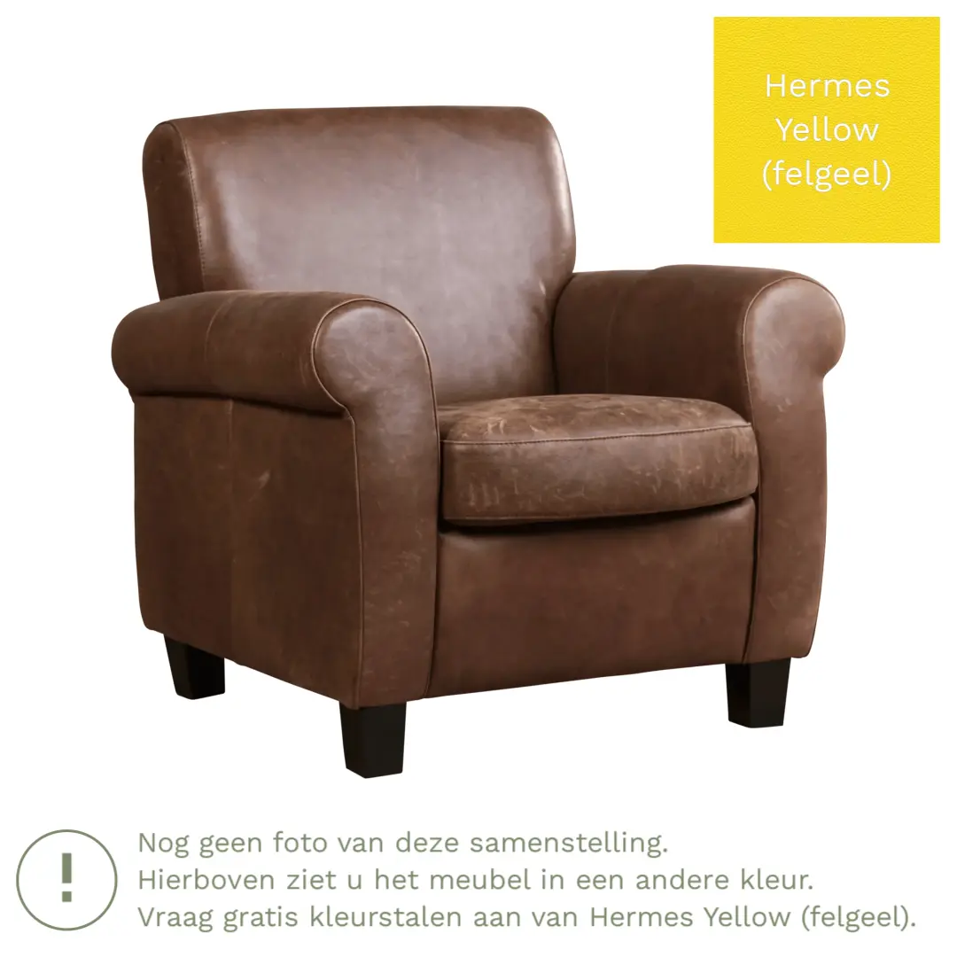 afbeelding van Leren fauteuil Perfection - Hermes Yellow (felgeel) - Poten hout bruin