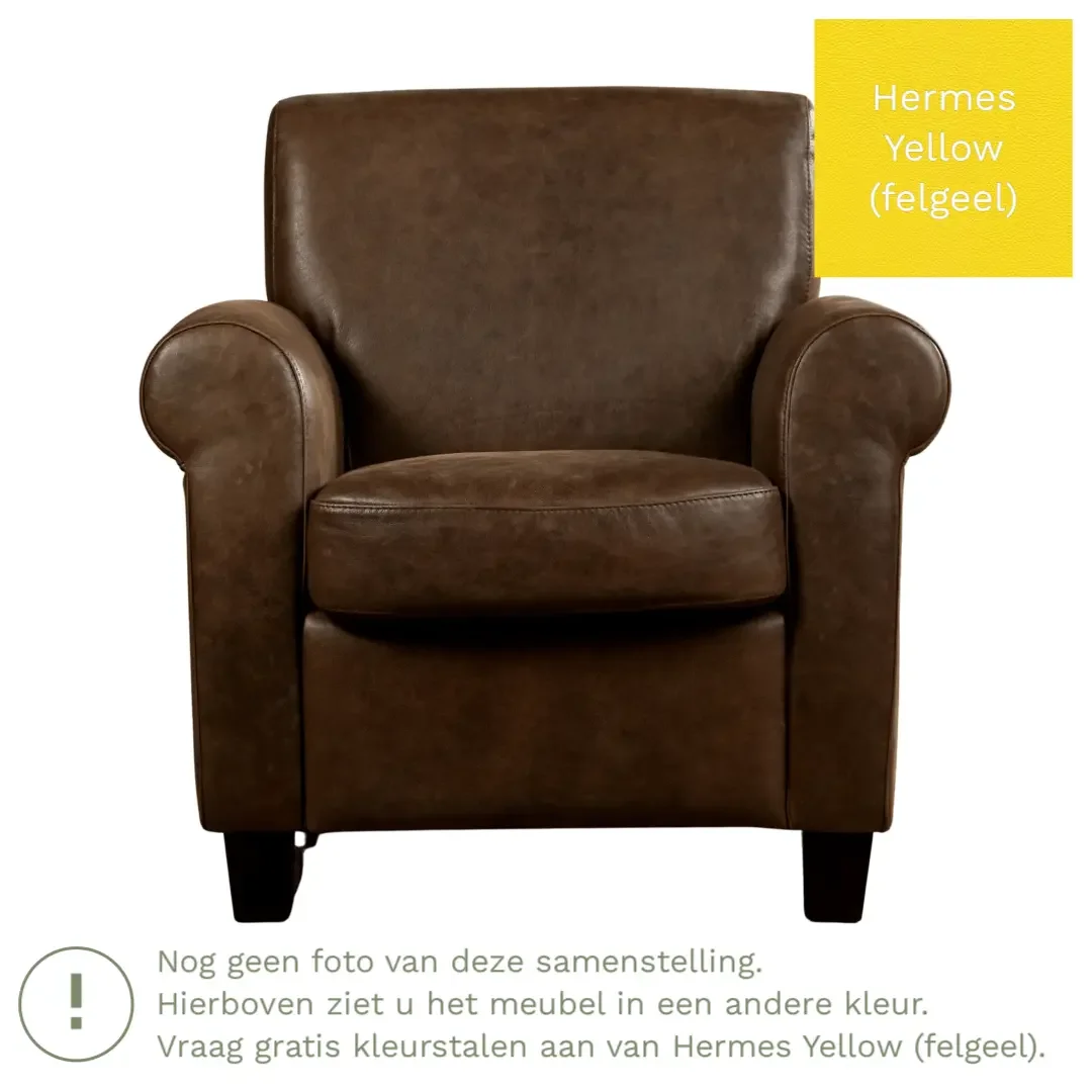 afbeelding van Leren fauteuil Perfection - Hermes Yellow (felgeel) - Poten hout bruin