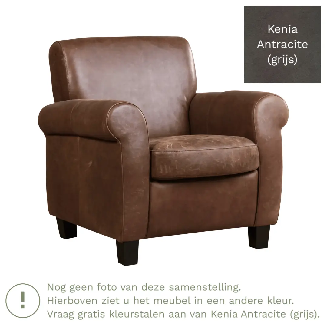 afbeelding van Leren fauteuil Perfection - Kenia Antracite (grijs) - Poten hout bruin