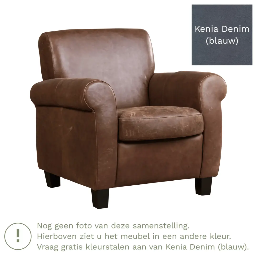 afbeelding van Leren fauteuil Perfection - Kenia Denim (blauw) - Poten hout bruin