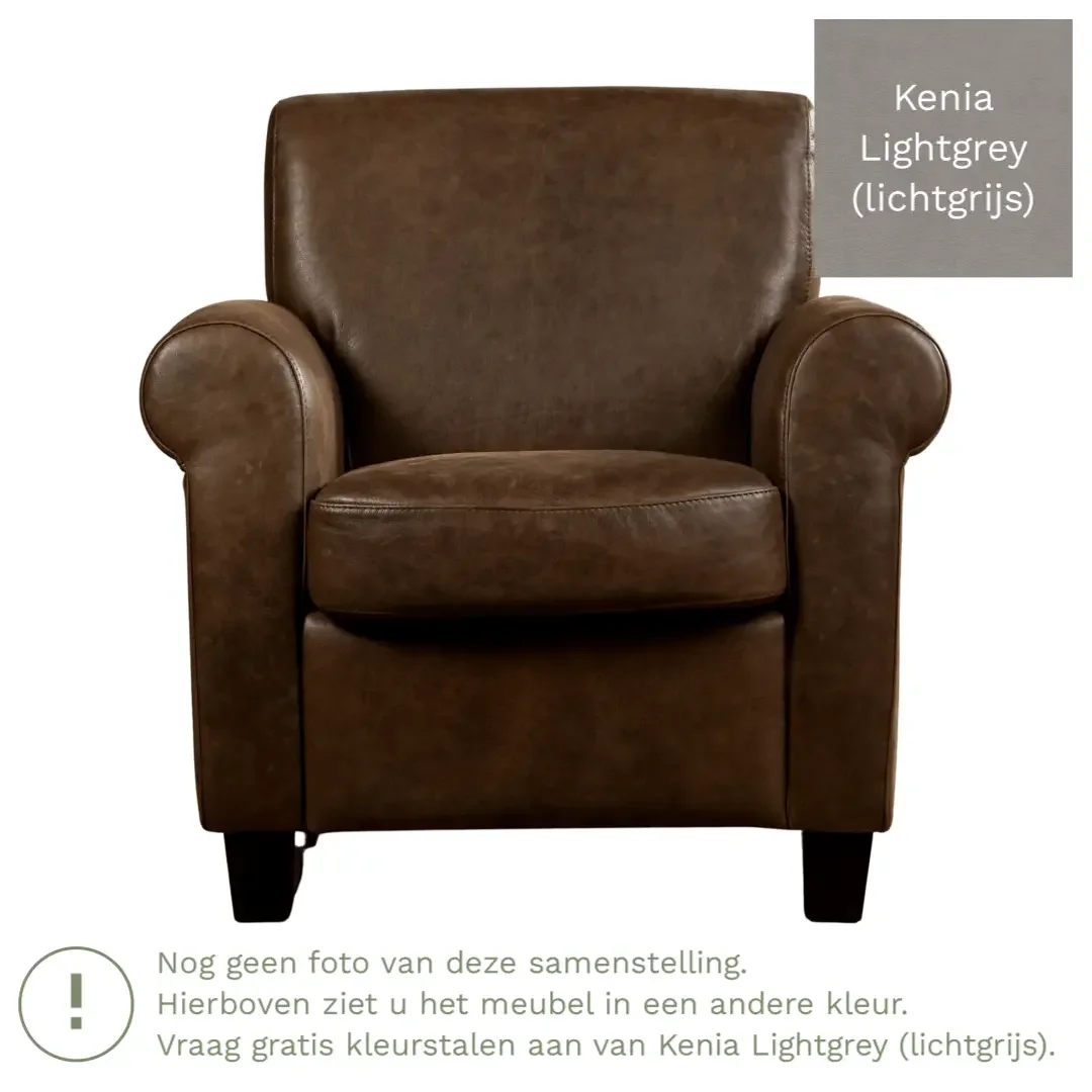 afbeelding van Leren fauteuil Perfection - Kenia Lightgrey (lichtgrijs) - Poten hout bruin