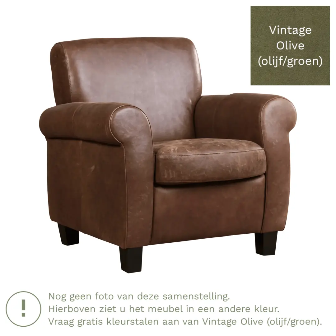 afbeelding van Leren fauteuil Perfection - Vintage Olive (olijf/groen) - Poten hout bruin
