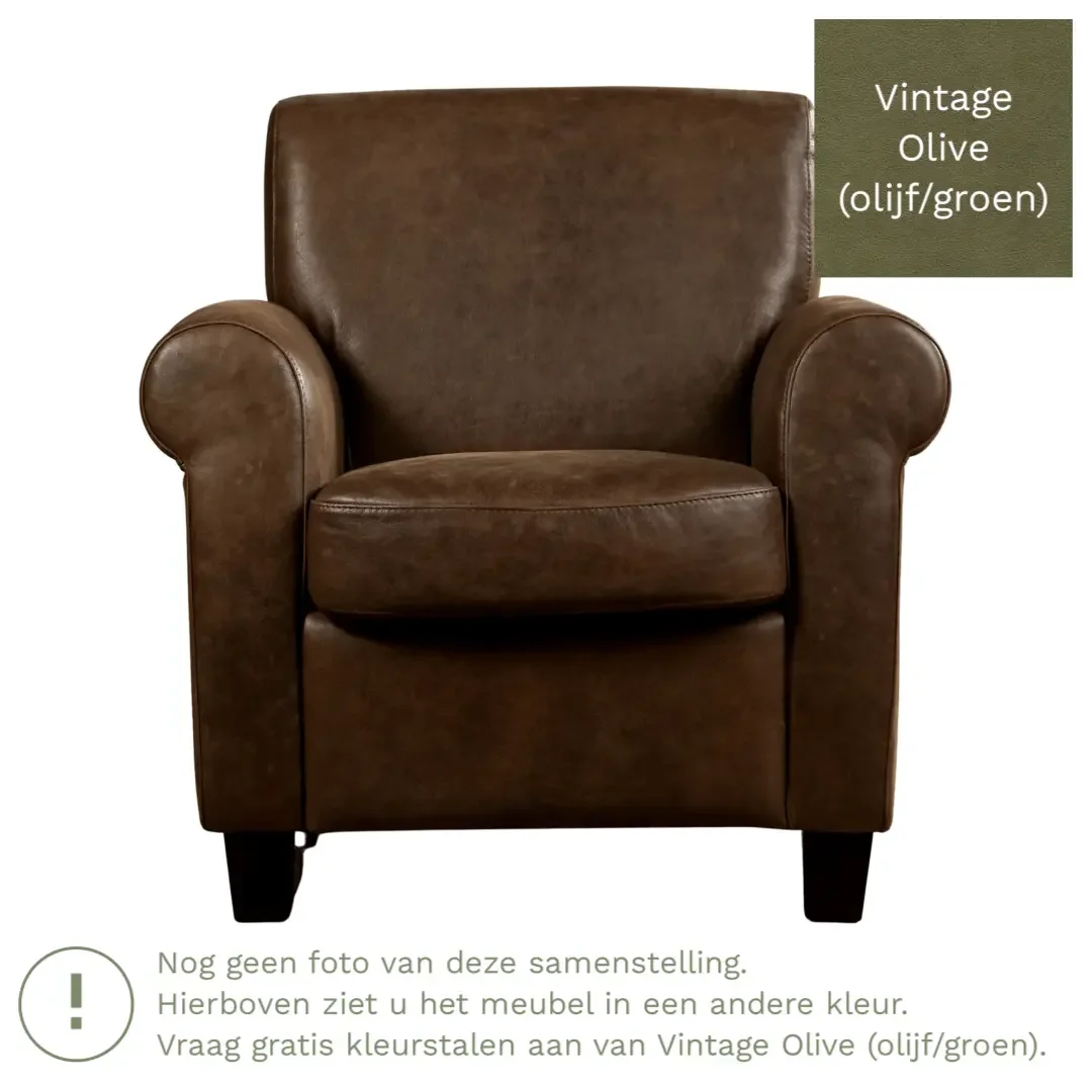 afbeelding van Leren fauteuil Perfection - Vintage Olive (olijf/groen) - Poten hout bruin