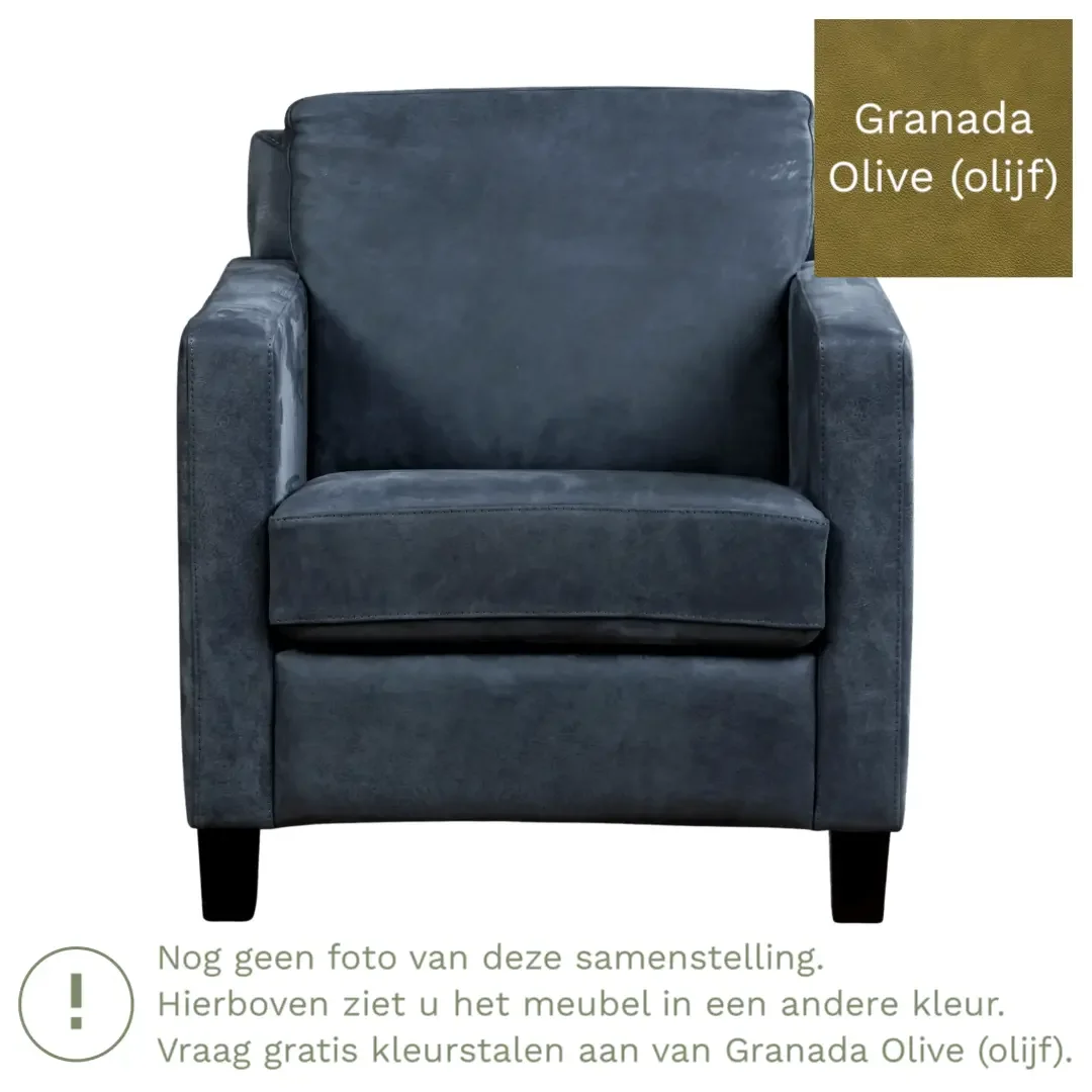 afbeelding van Leren fauteuil Smart - Granada Olive (olijf) - Poten hout zwart