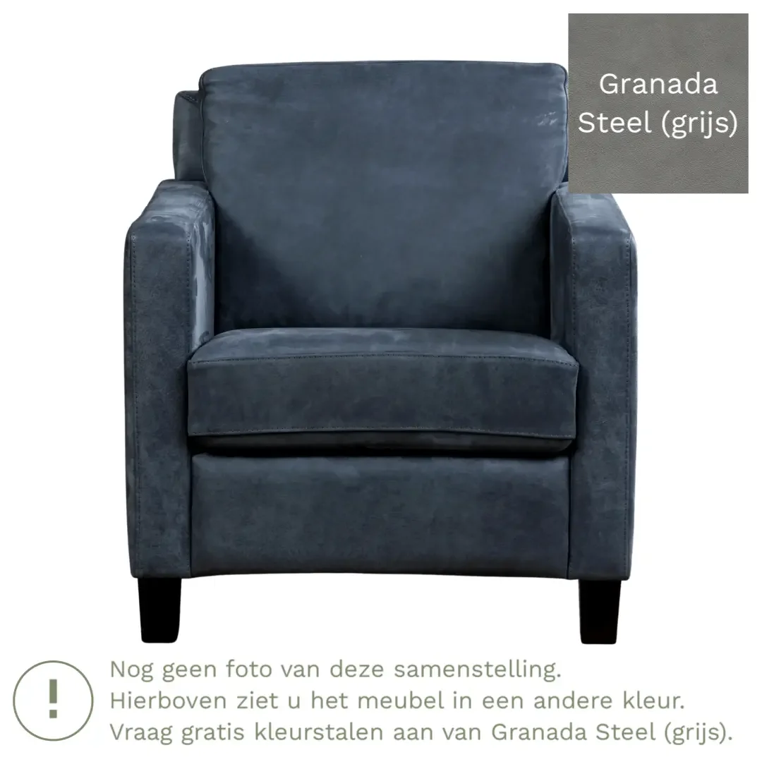 afbeelding van Leren fauteuil Smart - Granada Steel (grijs) - Poten hout bruin