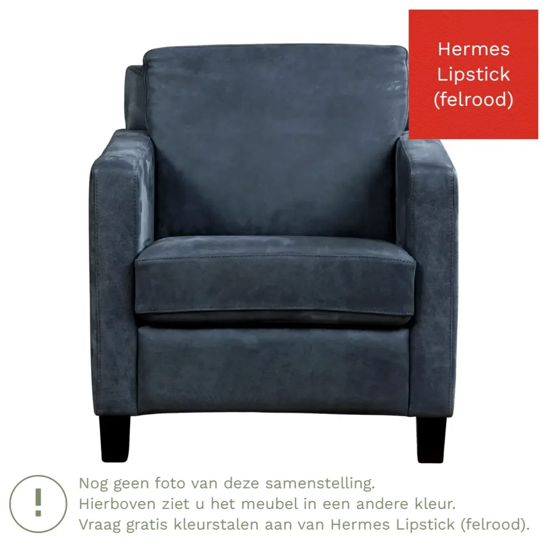 afbeelding van Leren fauteuil Smart - Hermes Lipstick (felrood) - Poten hout bruin