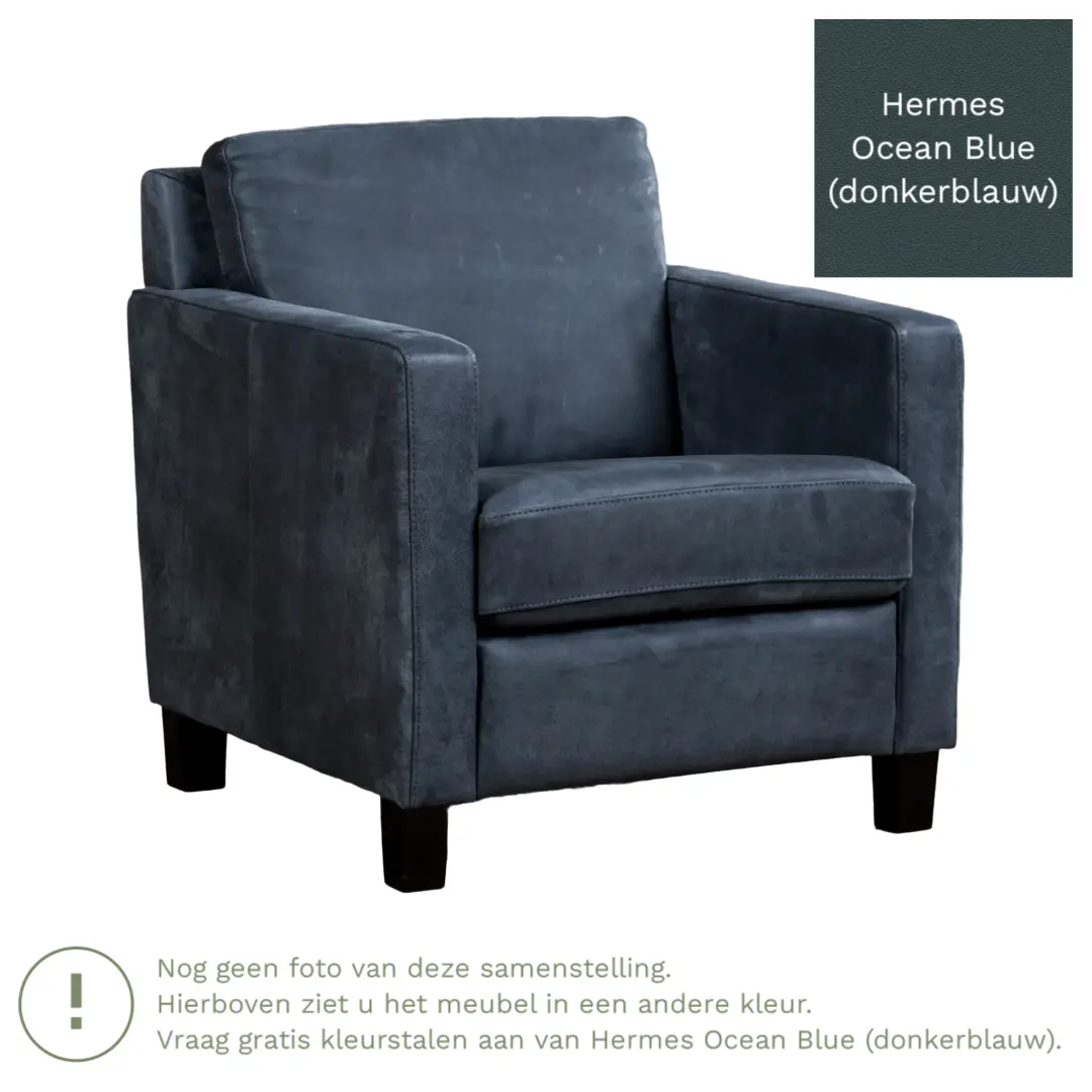 afbeelding van Leren fauteuil Smart - Hermes Ocean Blue (donkerblauw) - Poten hout bruin
