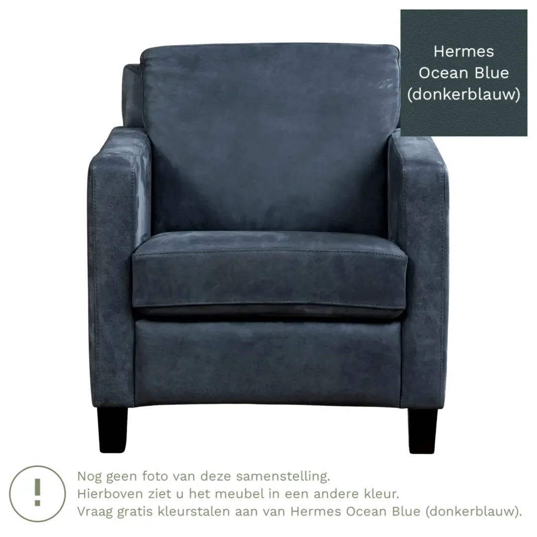 afbeelding van Leren fauteuil Smart - Hermes Ocean Blue (donkerblauw) - Poten hout bruin