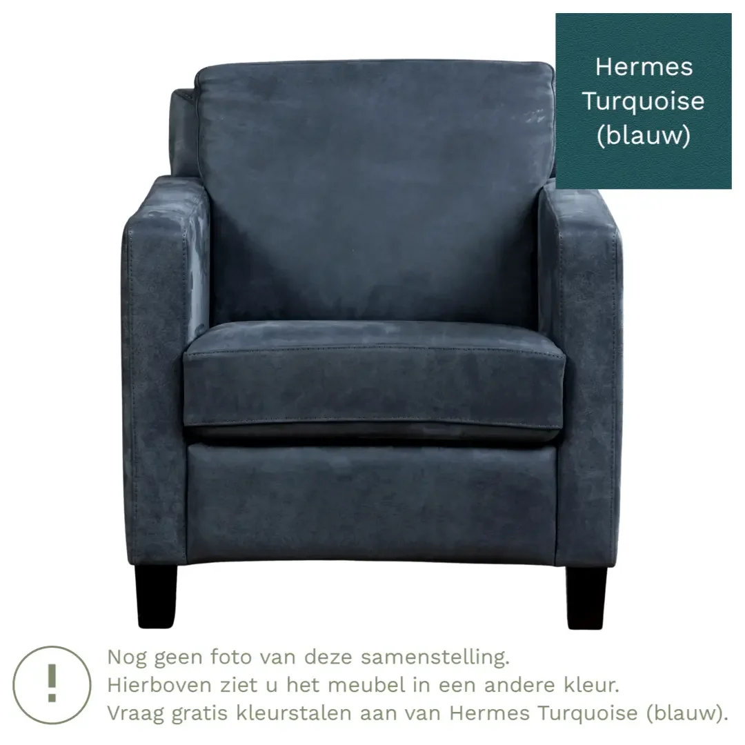 afbeelding van Leren fauteuil Smart - Hermes Turquoise (blauw) - Poten hout zwart