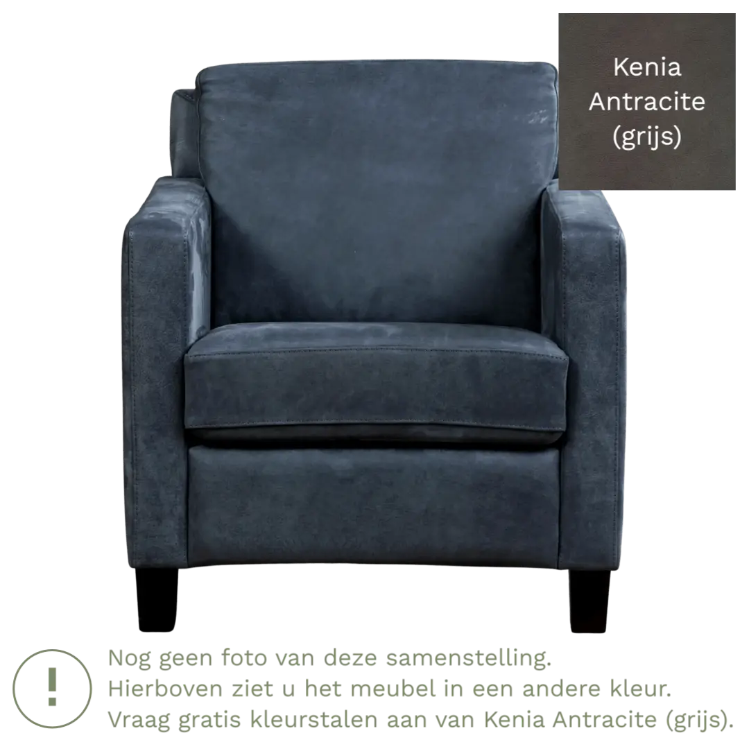 afbeelding van Leren fauteuil Smart - Kenia Antracite (grijs) - Poten hout zwart