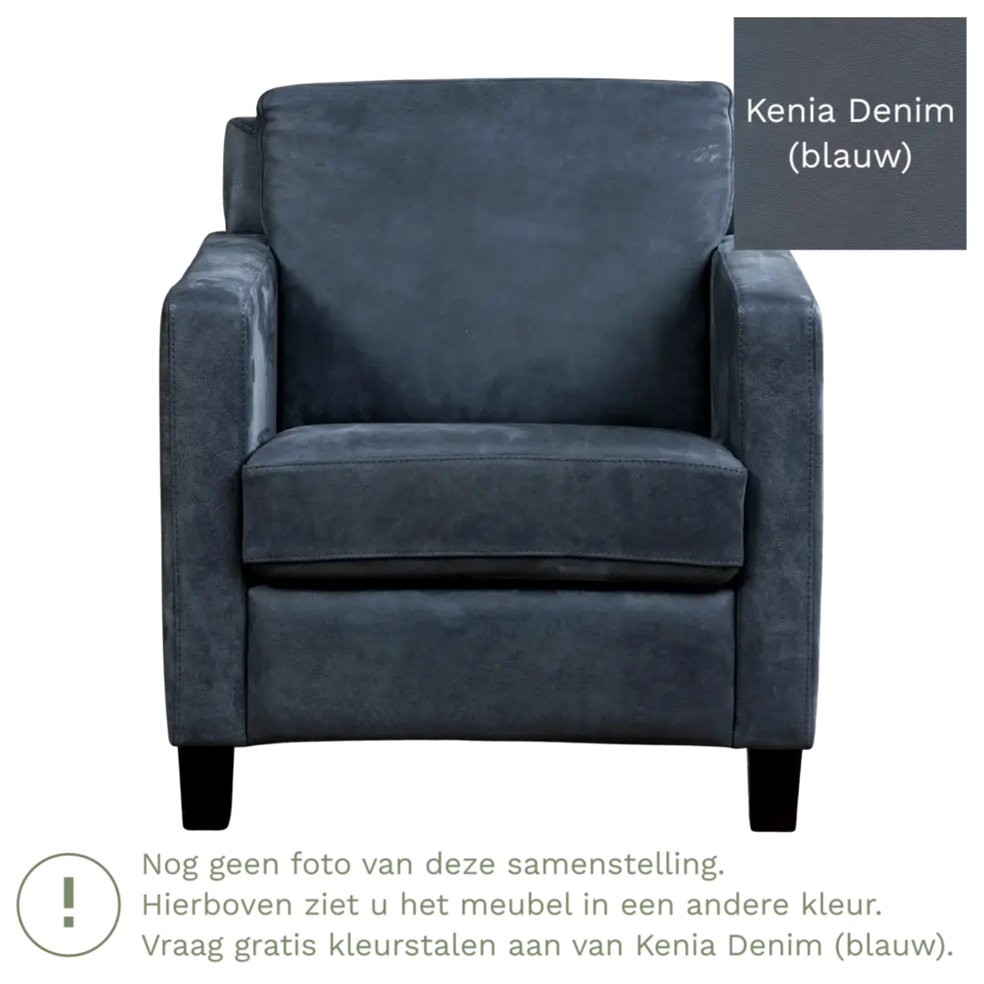 afbeelding van Leren fauteuil Smart - Kenia Denim (blauw) - Poten hout bruin