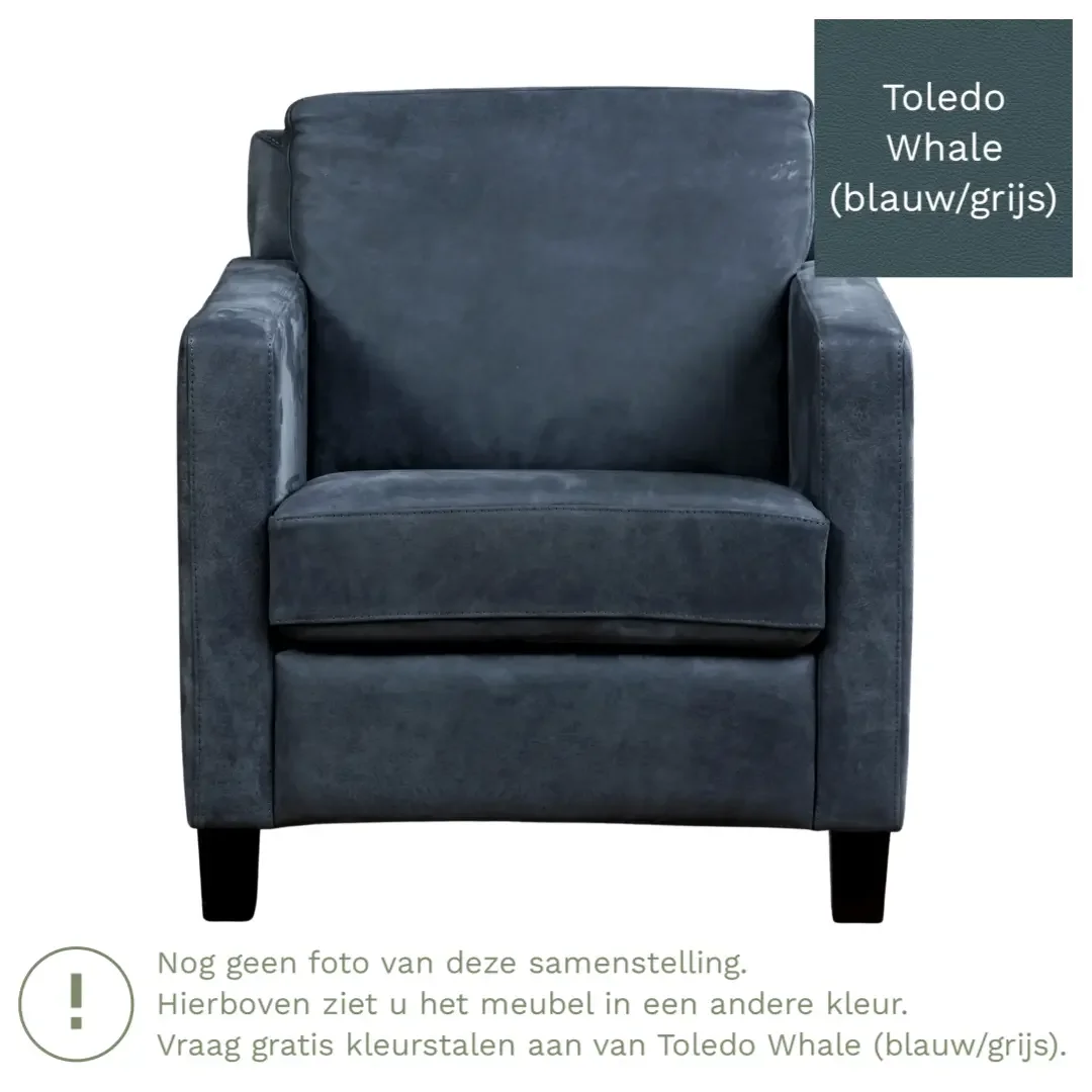 afbeelding van Leren fauteuil Smart - Toledo Whale (blauw/grijs) - Poten hout bruin