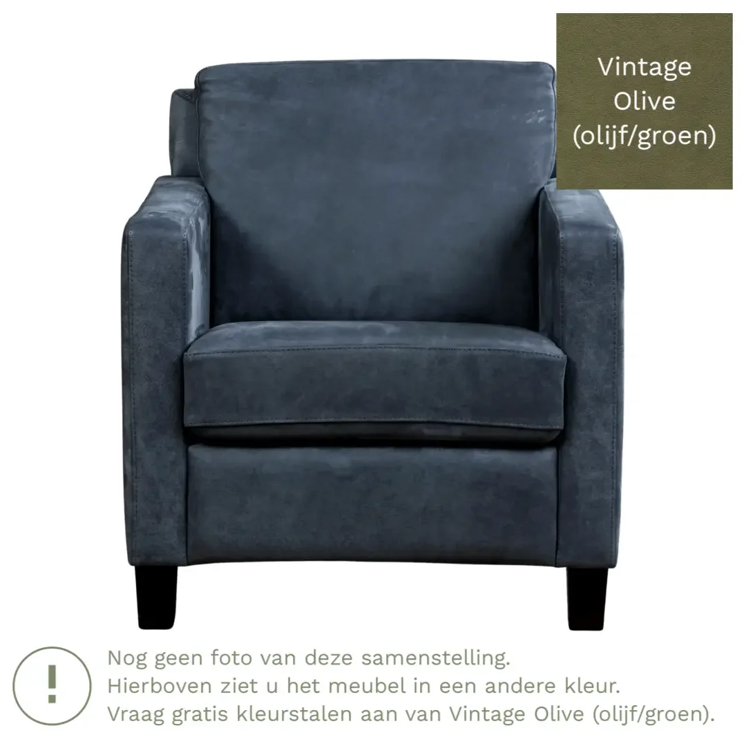 afbeelding van Leren fauteuil Smart - Vintage Olive (olijf/groen) - Poten hout bruin
