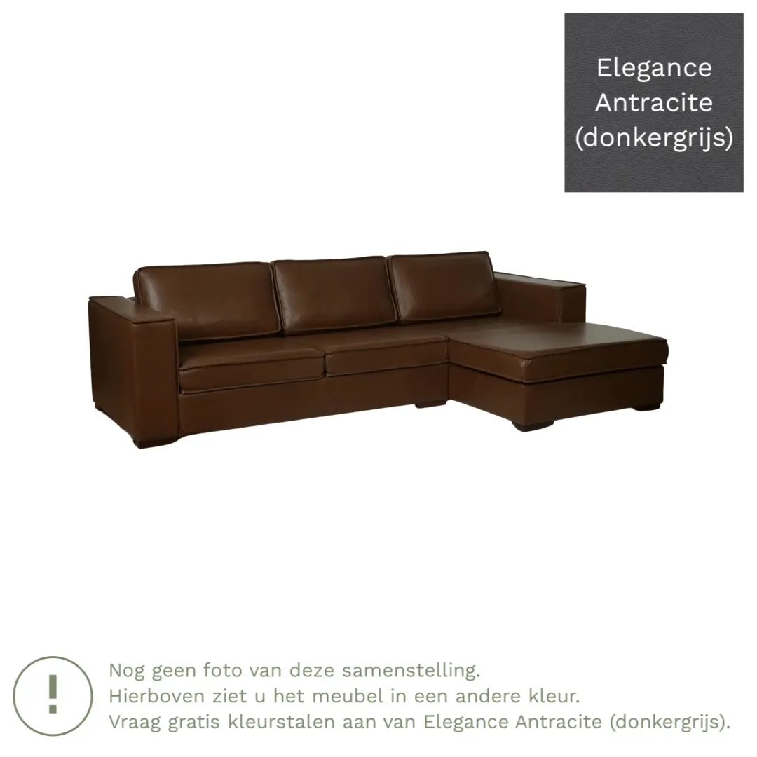 afbeelding van Leren hoekbank Fine - 2 zits arm rechts + longchair links - Elegance Antracite (donkergrijs) - Poten hout zwart