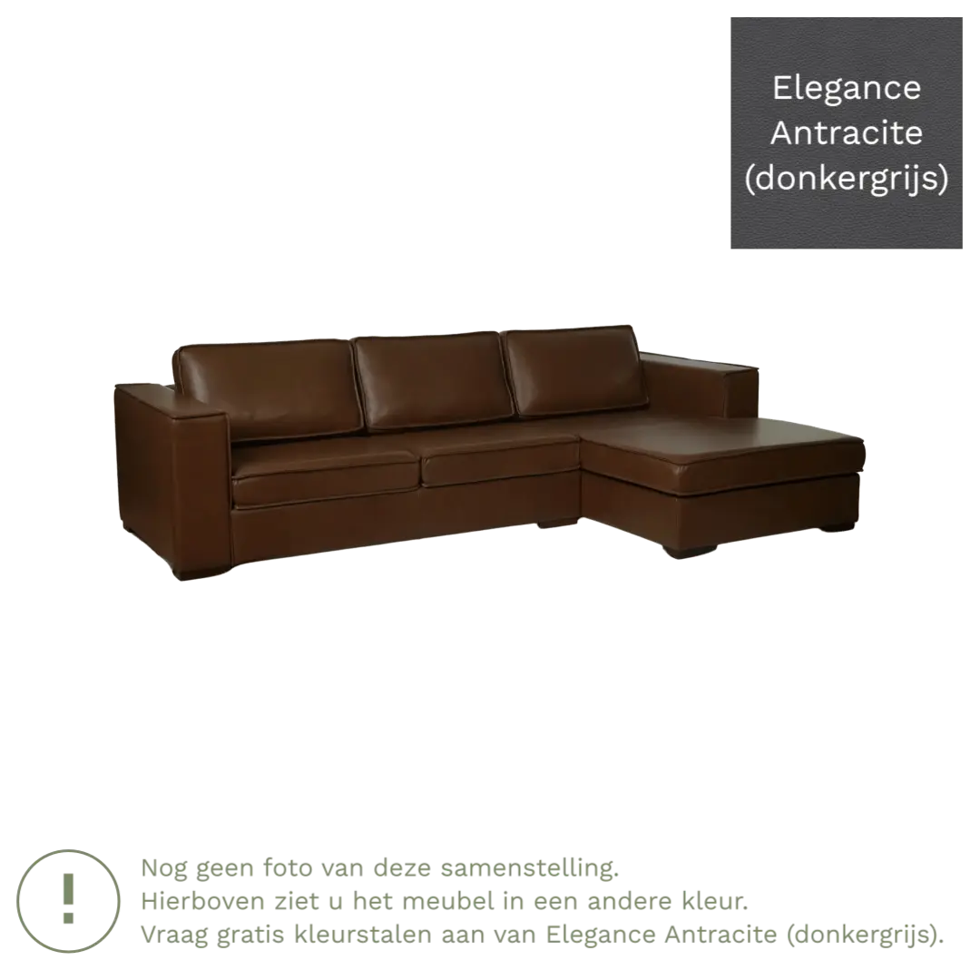afbeelding van Leren hoekbank Fine - 2 zits arm rechts + longchair links - Elegance Antracite (donkergrijs) - Poten hout zwart