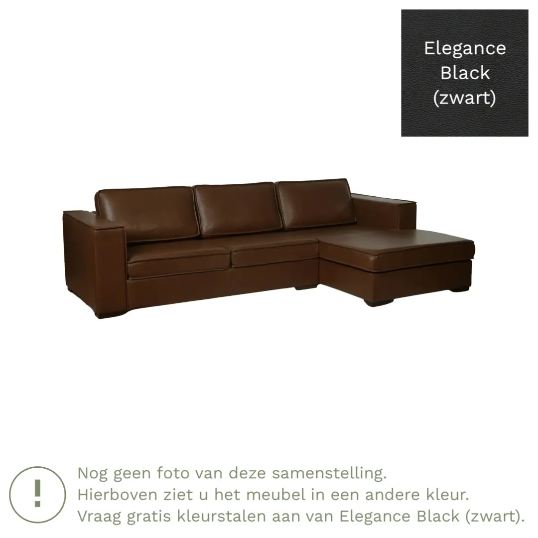 afbeelding van Leren hoekbank Fine - 2 zits arm rechts + longchair links - Elegance Black (zwart) - Poten hout bruin