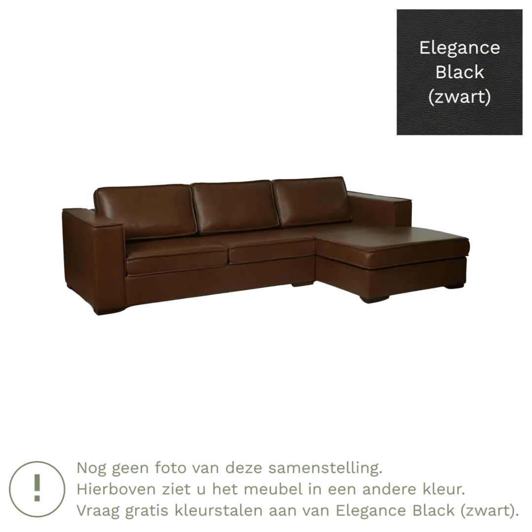 afbeelding van Leren hoekbank Fine - 2 zits arm rechts + longchair links - Elegance Black (zwart) - Poten hout bruin