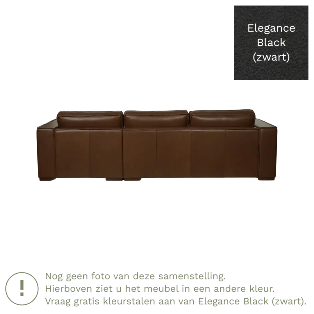 afbeelding van Leren hoekbank Fine - 2 zits arm rechts + longchair links - Elegance Black (zwart) - Poten hout bruin