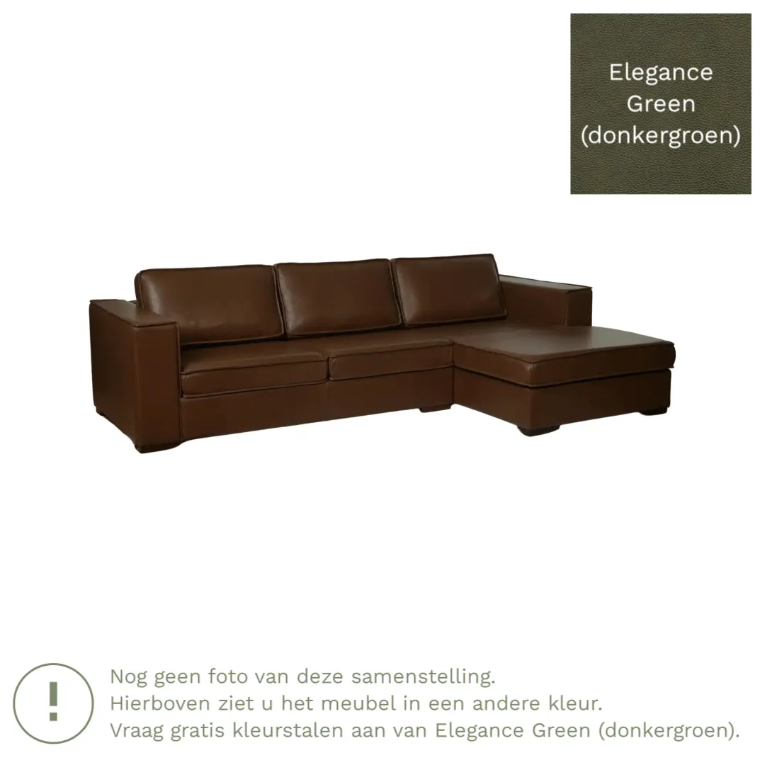 afbeelding van Leren hoekbank Fine - 2 zits arm rechts + longchair links - Elegance Green (donkergroen) - Poten hout bruin