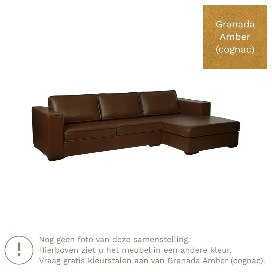 afbeelding van Leren hoekbank Fine - 2 zits arm rechts + longchair links - Granada Amber (cognac) - Poten hout bruin