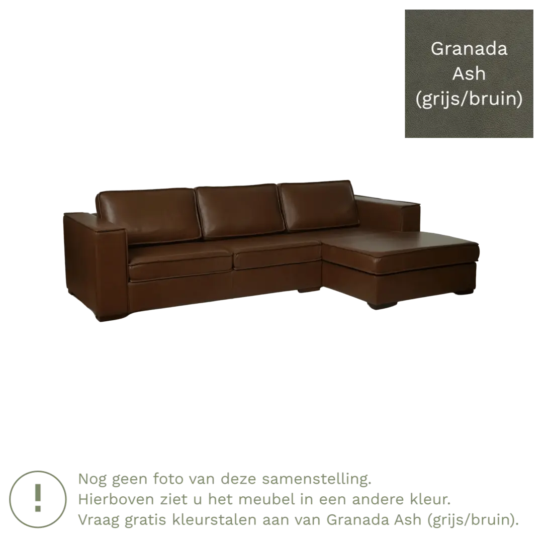 afbeelding van Leren hoekbank Fine - 2 zits arm rechts + longchair links - Granada Ash (grijs/bruin) - Poten hout bruin
