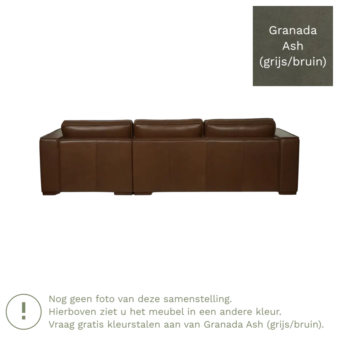 afbeelding van Leren hoekbank Fine - 2 zits arm rechts + longchair links - Granada Ash (grijs/bruin) - Poten hout bruin