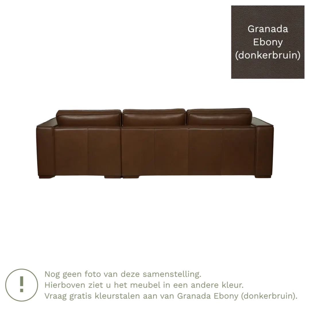 afbeelding van Leren hoekbank Fine - 2 zits arm rechts + longchair links - Granada Ebony (donkerbruin) - Poten hout bruin