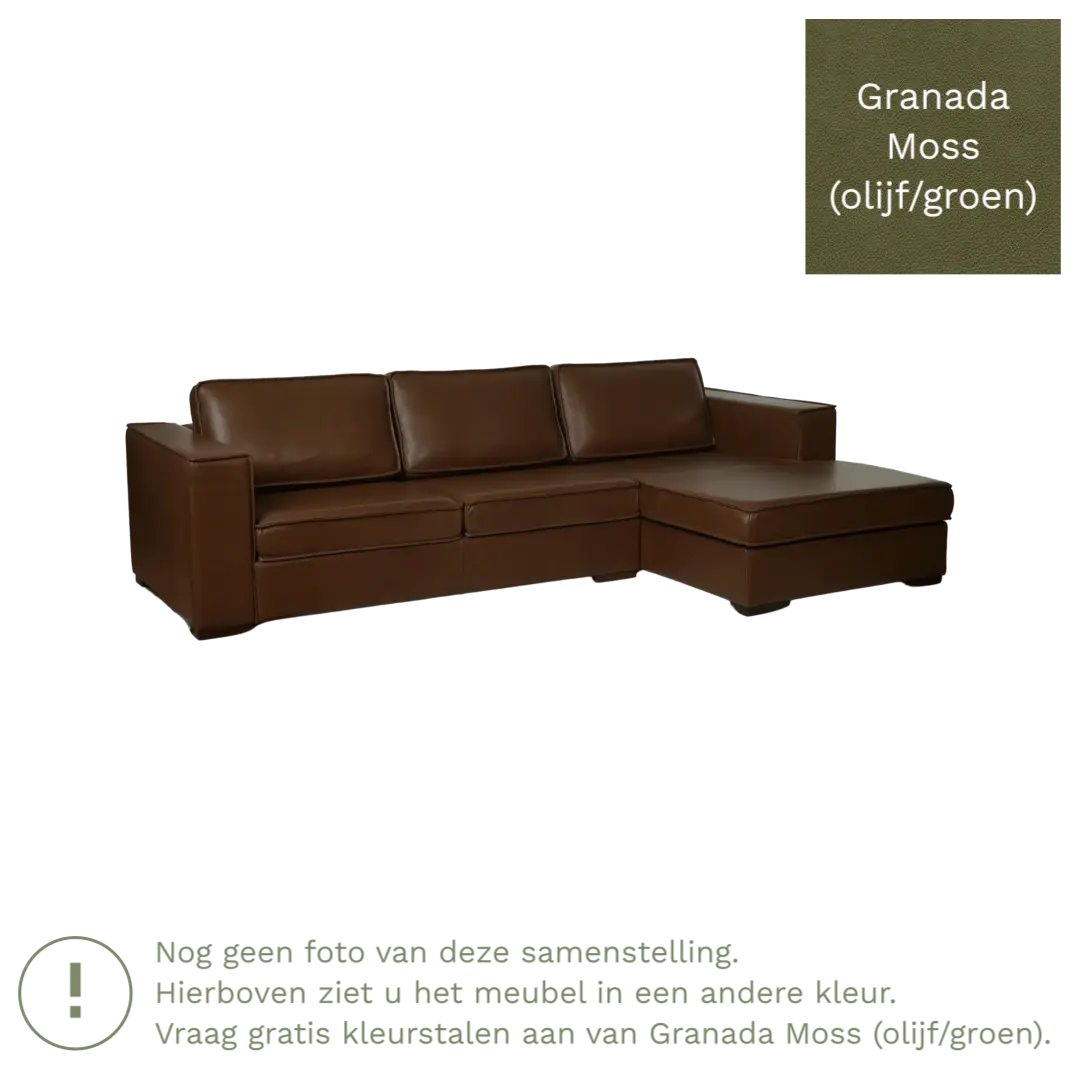 afbeelding van Leren hoekbank Fine - 2 zits arm rechts + longchair links - Granada Moss (olijf/groen) - Poten hout zwart