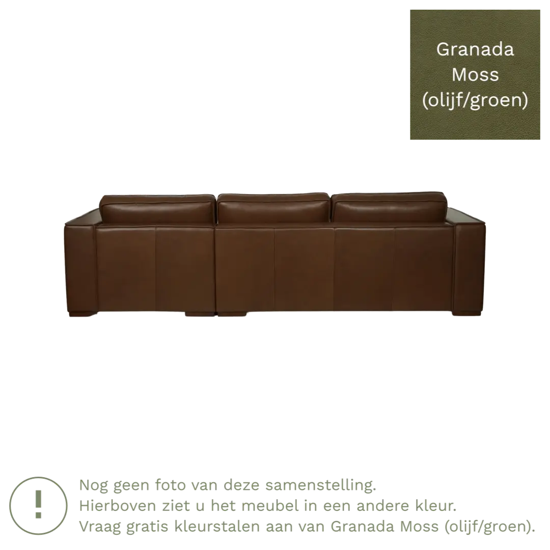 afbeelding van Leren hoekbank Fine - 2 zits arm rechts + longchair links - Granada Moss (olijf/groen) - Poten hout zwart