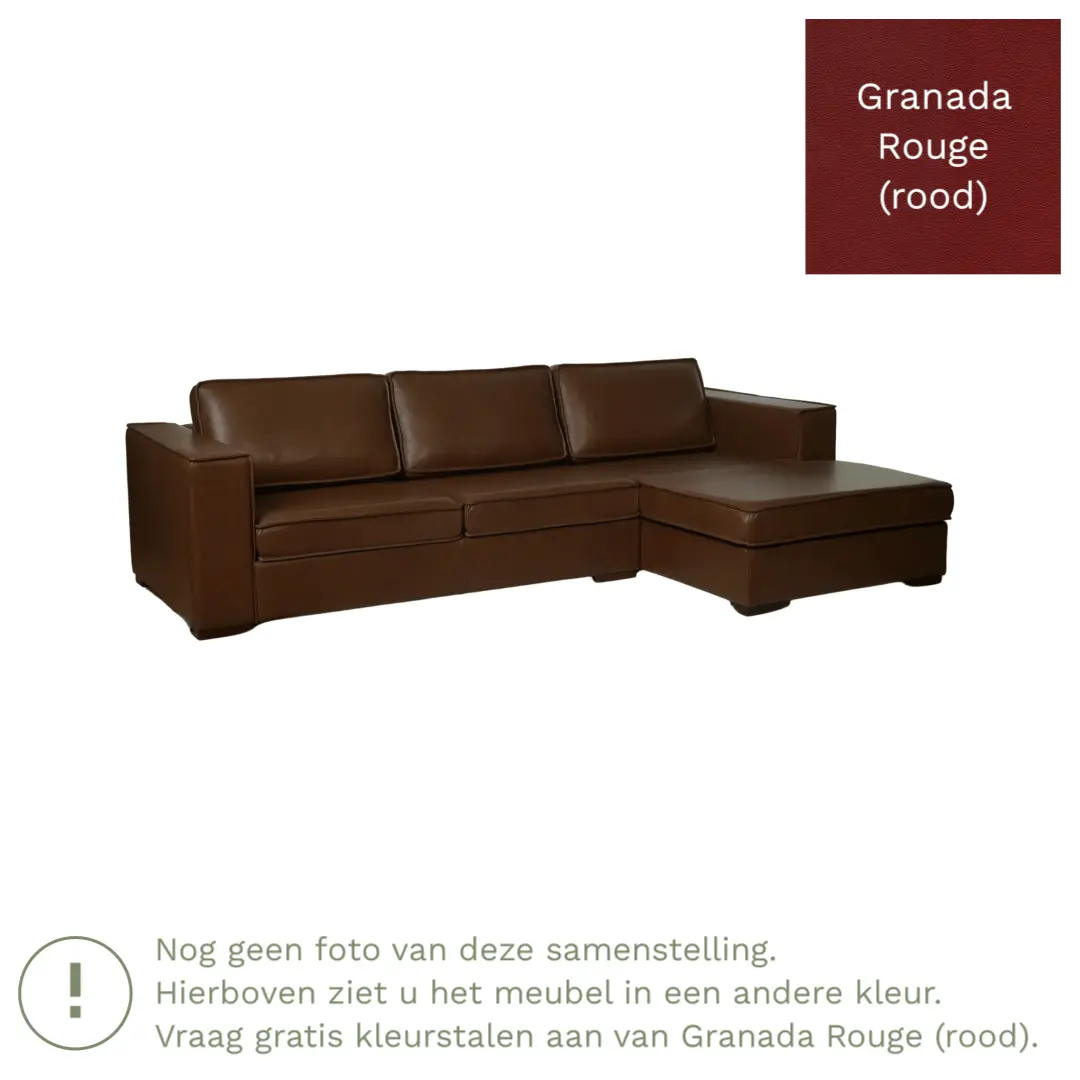 afbeelding van Leren hoekbank Fine - 2 zits arm rechts + longchair links - Granada Rouge (rood) - Poten hout zwart