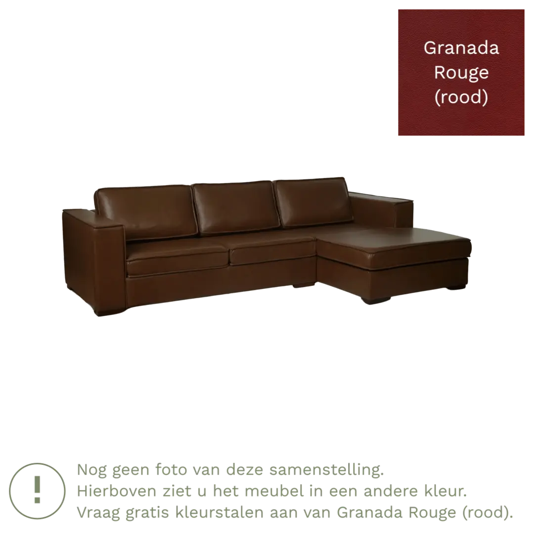 afbeelding van Leren hoekbank Fine - 2 zits arm rechts + longchair links - Granada Rouge (rood) - Poten hout zwart