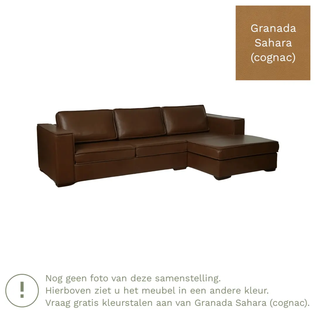 afbeelding van Leren hoekbank Fine - 2 zits arm rechts + longchair links - Granada Sahara (cognac) - Poten hout zwart
