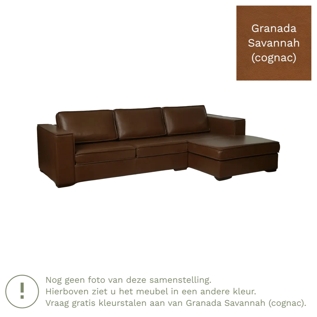 afbeelding van Leren hoekbank Fine - 2 zits arm rechts + longchair links - Granada Savannah (cognac) - Poten hout bruin