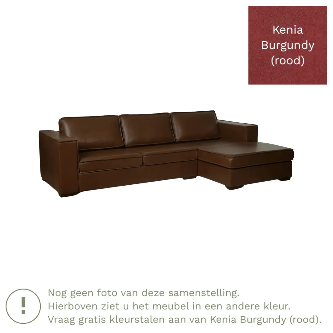 afbeelding van Leren hoekbank Fine - 2 zits arm rechts + longchair links - Kenia Burgundy (rood) - Poten hout zwart