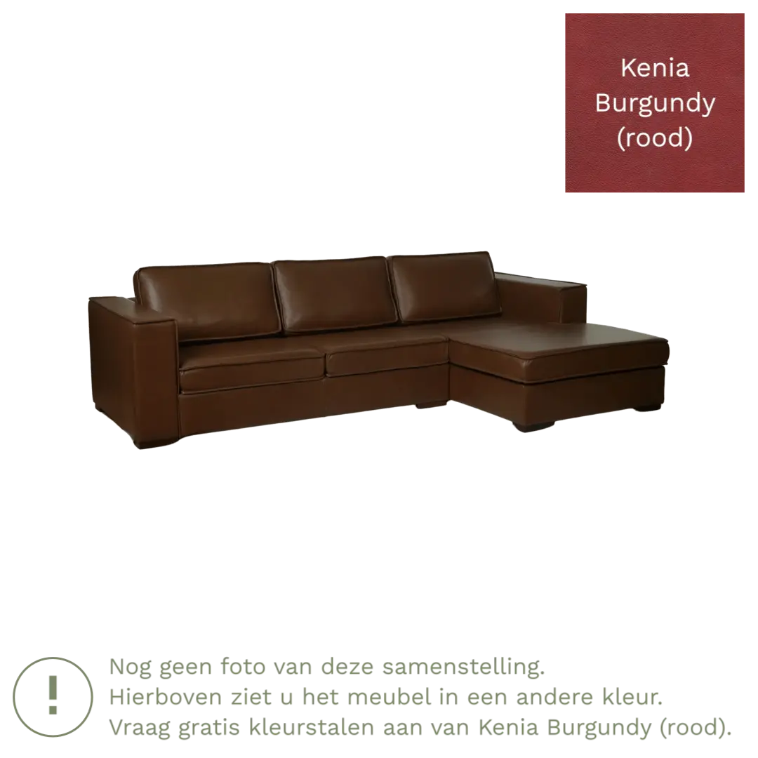 afbeelding van Leren hoekbank Fine - 2 zits arm rechts + longchair links - Kenia Burgundy (rood) - Poten hout zwart