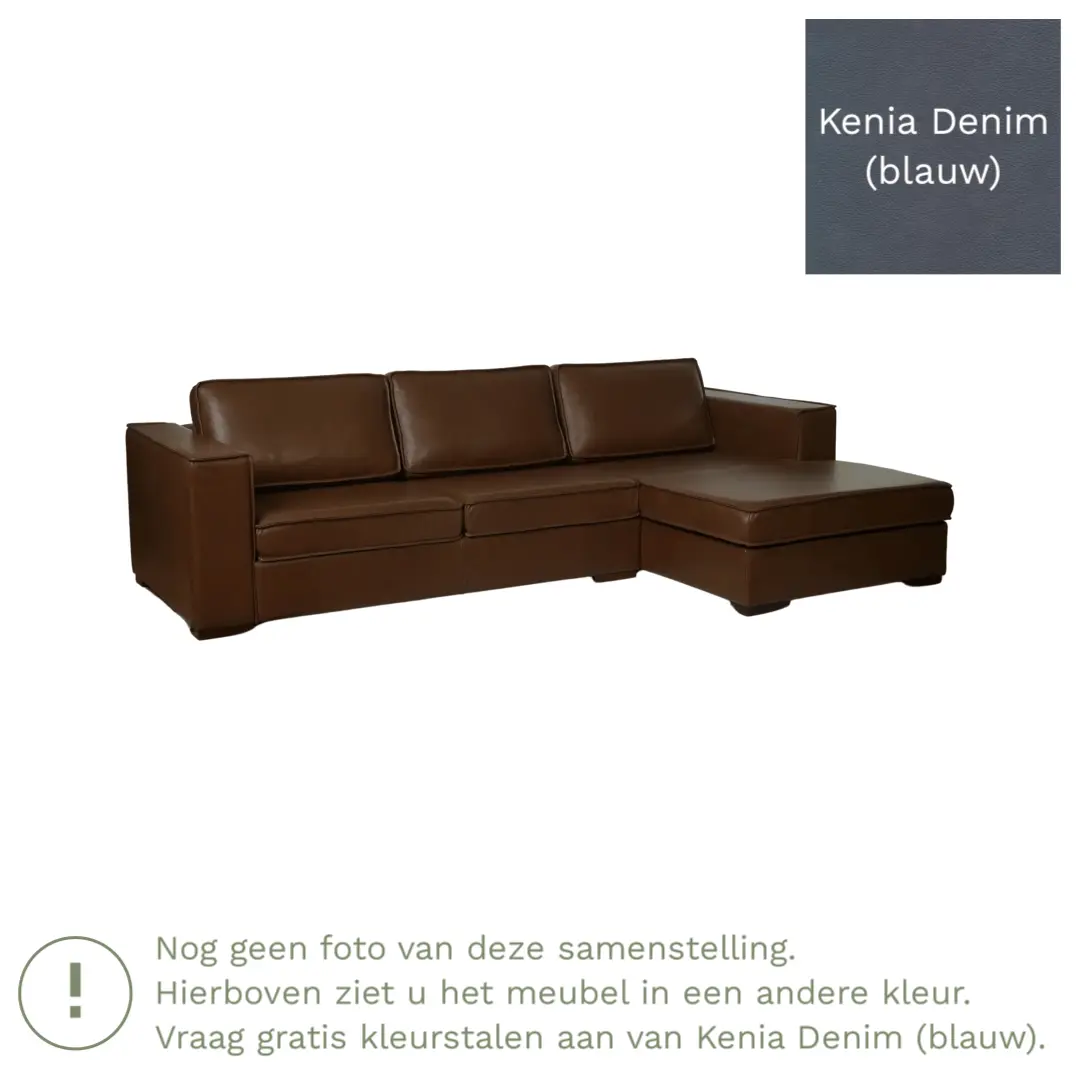 afbeelding van Leren hoekbank Fine - 2 zits arm rechts + longchair links - Kenia Denim (blauw) - Poten hout zwart